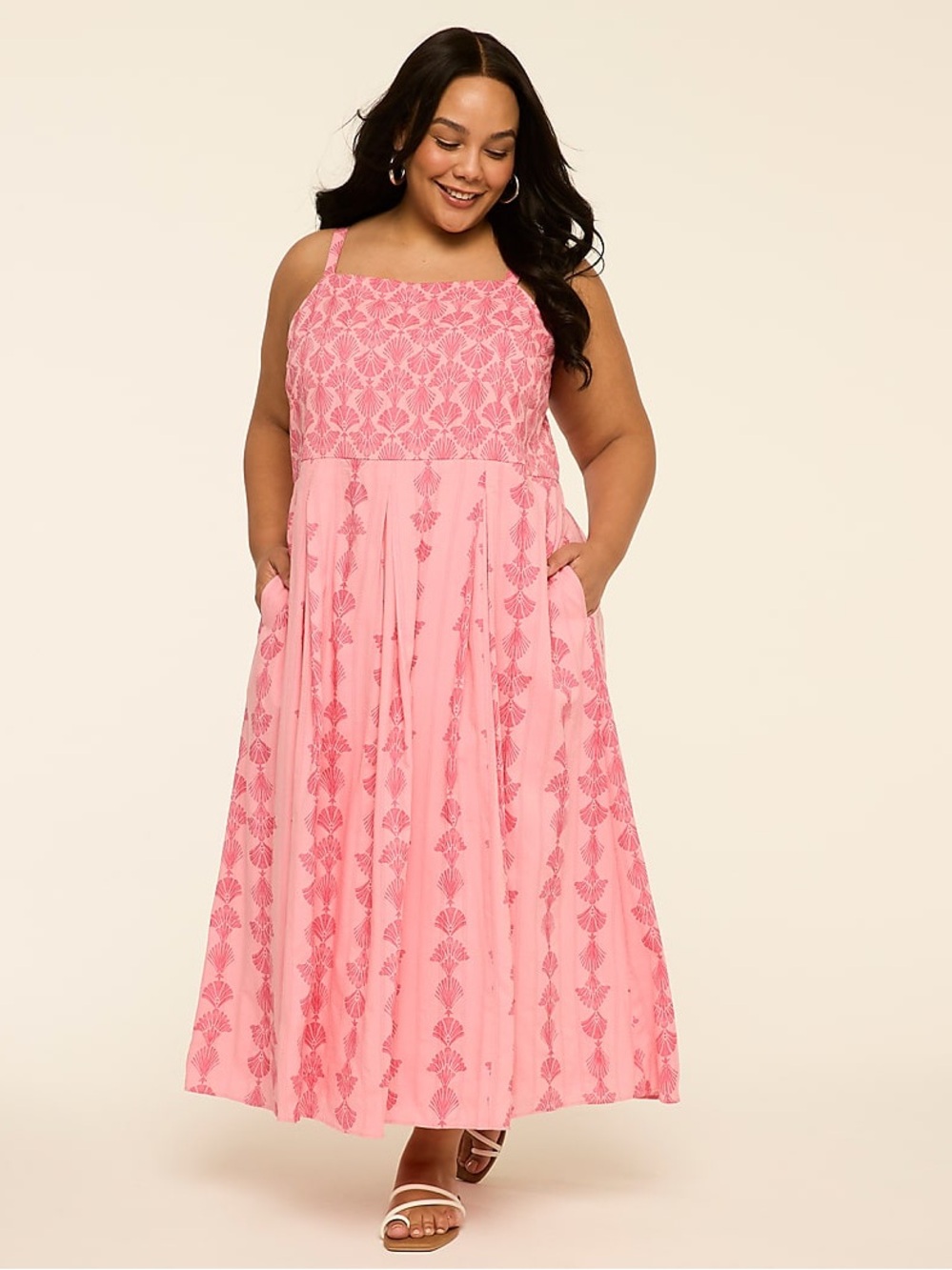 Lane Bryant Square Neck Sleeveless Pink Seashell Smocked Maxi Dress Size 22